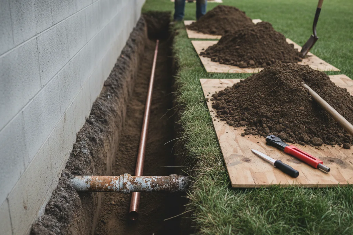 Excavated water line trench during Sewer Line Repair in Schaghticoke